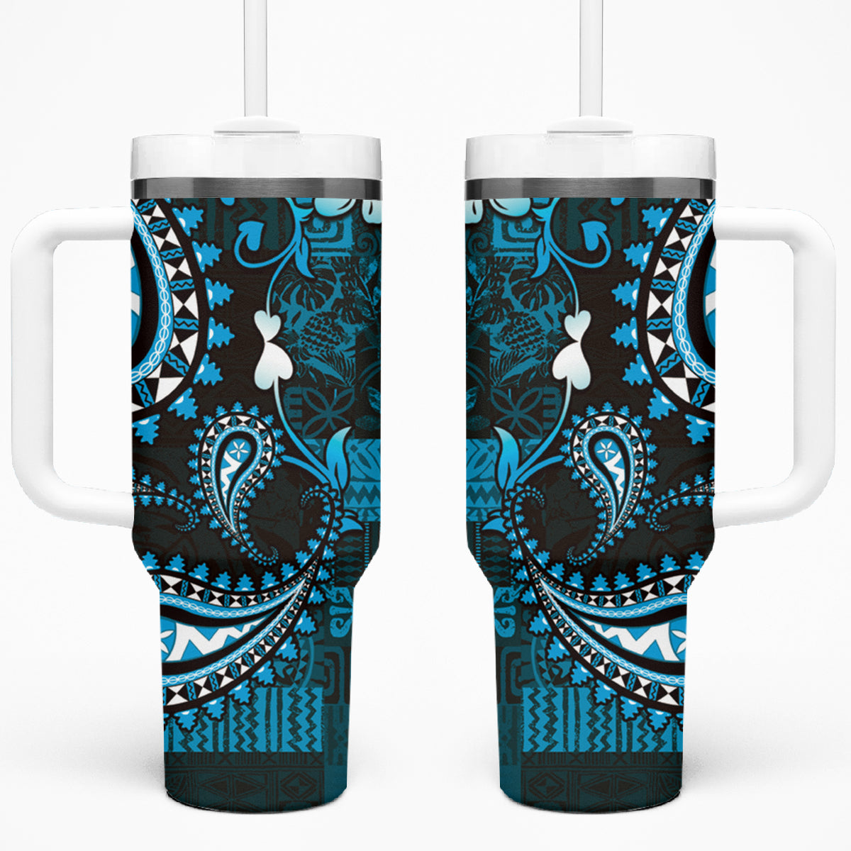 Fiji Masi Paisley Tumbler With Handle Fijian Hibiscus Tapa Sky Blue Version