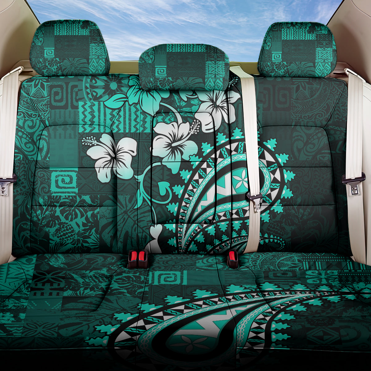 Fiji Masi Paisley Back Car Seat Cover Fijian Hibiscus Tapa Turquoise Version LT01 One Size Turquoise - Polynesian Pride