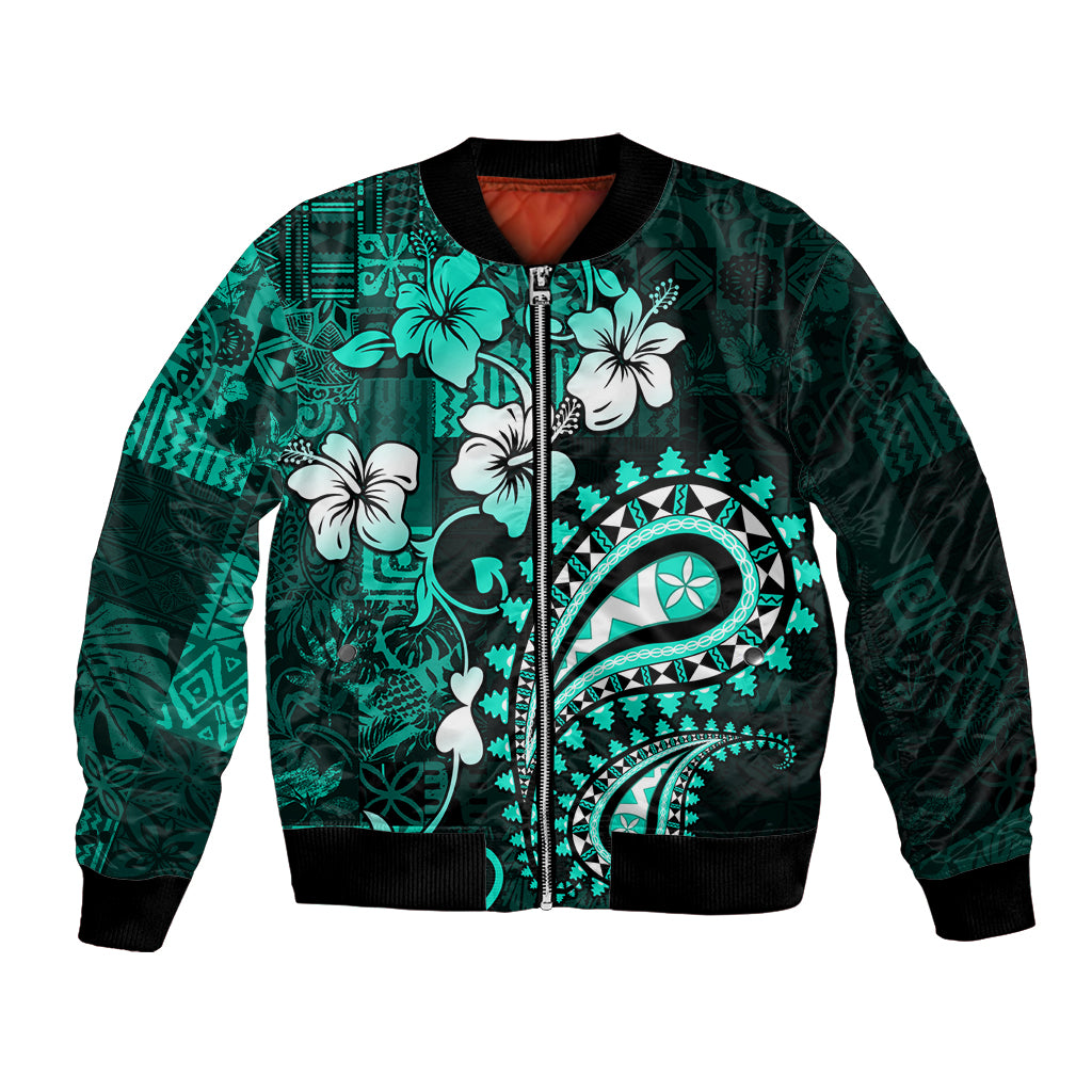 Fiji Masi Paisley Bomber Jacket Fijian Hibiscus Tapa Turquoise Version LT01 Unisex Turquoise - Polynesian Pride