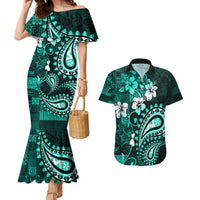 Fiji Masi Paisley Couples Matching Mermaid Dress and Hawaiian Shirt Fijian Hibiscus Tapa Turquoise Version LT01 Turquoise - Polynesian Pride