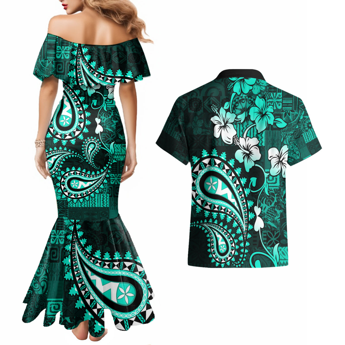 Fiji Masi Paisley Couples Matching Mermaid Dress and Hawaiian Shirt Fijian Hibiscus Tapa Turquoise Version LT01 - Polynesian Pride