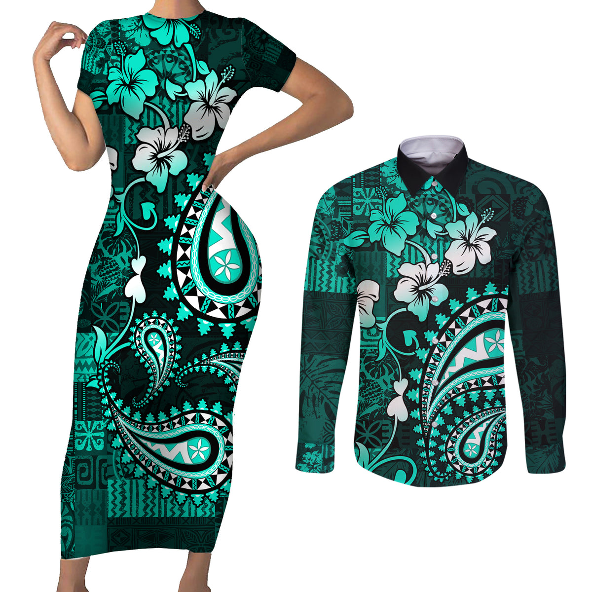 Fiji Masi Paisley Couples Matching Short Sleeve Bodycon Dress and Long Sleeve Button Shirt Fijian Hibiscus Tapa Turquoise Version LT01 Turquoise - Polynesian Pride