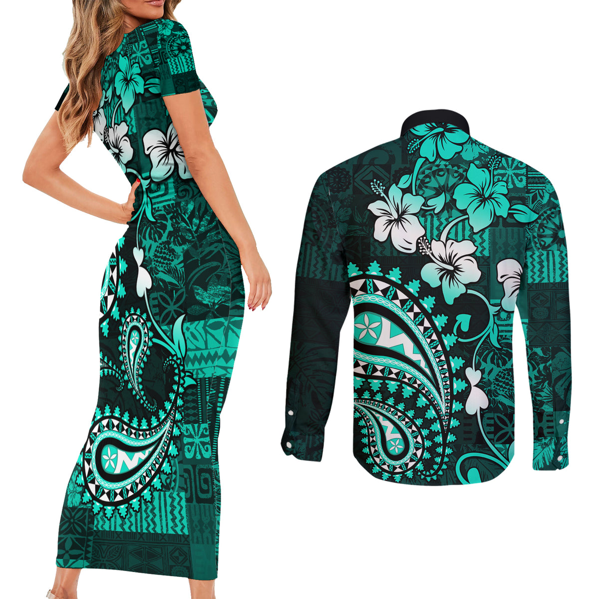 Fiji Masi Paisley Couples Matching Short Sleeve Bodycon Dress and Long Sleeve Button Shirt Fijian Hibiscus Tapa Turquoise Version LT01 - Polynesian Pride