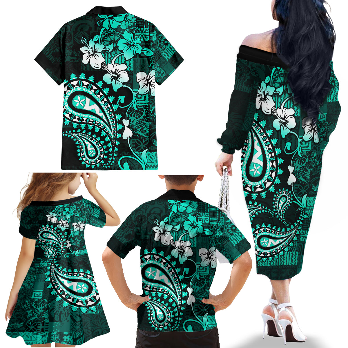 Fiji Masi Paisley Family Matching Off Shoulder Long Sleeve Dress and Hawaiian Shirt Fijian Hibiscus Tapa Turquoise Version LT01 - Polynesian Pride