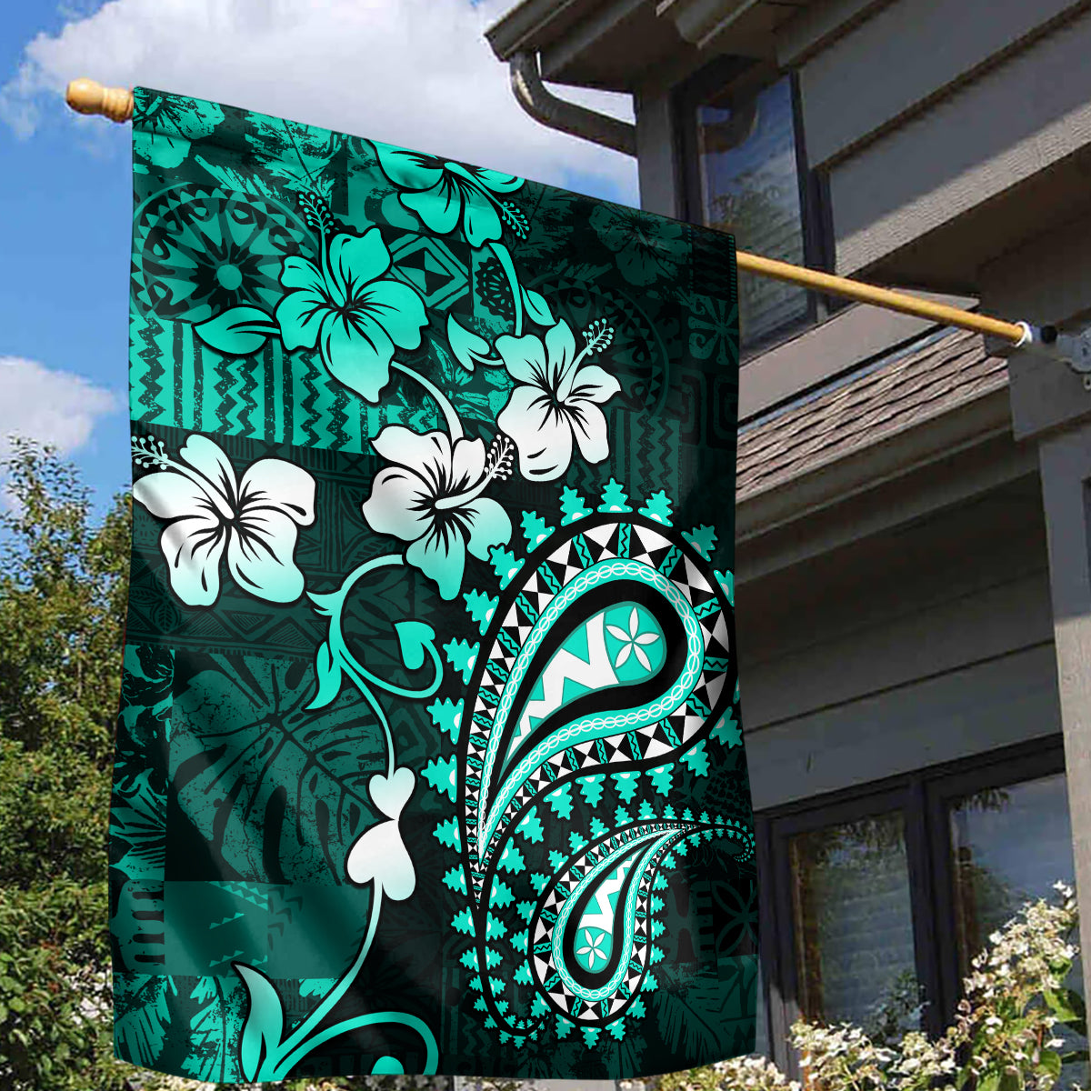 Fiji Masi Paisley Garden Flag Fijian Hibiscus Tapa Turquoise Version LT01 - Polynesian Pride