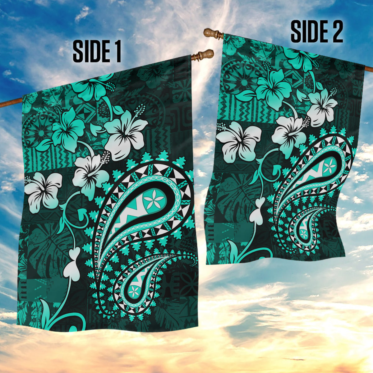Fiji Masi Paisley Garden Flag Fijian Hibiscus Tapa Turquoise Version LT01 - Polynesian Pride