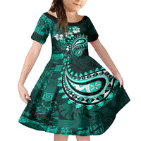 Fiji Masi Paisley Kid Short Sleeve Dress Fijian Hibiscus Tapa Turquoise Version LT01 KID Turquoise - Polynesian Pride