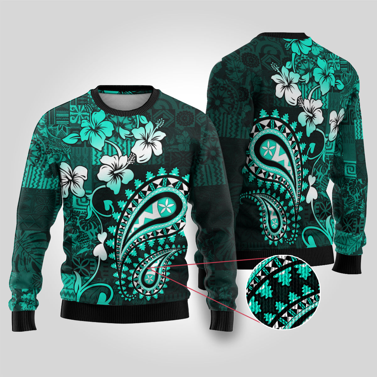 Fiji Masi Paisley Ugly Christmas Sweater Fijian Hibiscus Tapa Turquoise Version LT01 Turquoise - Polynesian Pride