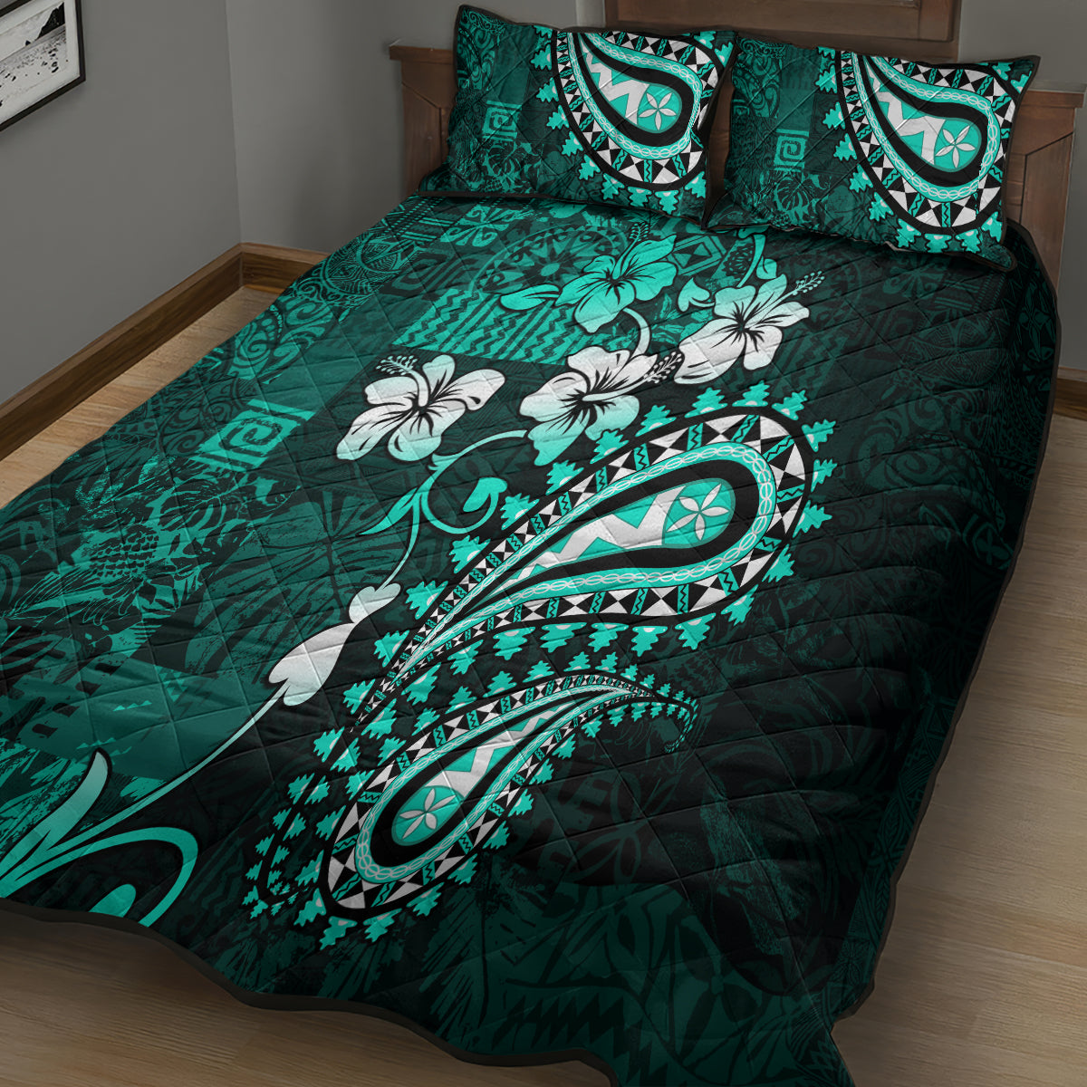 Fiji Masi Paisley Quilt Bed Set Fijian Hibiscus Tapa Turquoise Version LT01 - Polynesian Pride