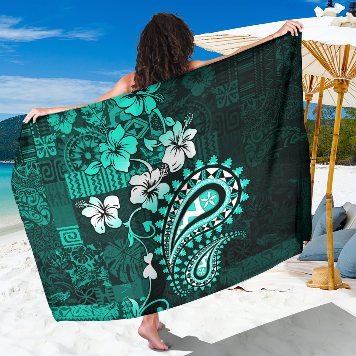 Fiji Masi Paisley Sarong Fijian Hibiscus Tapa Turquoise Version LT01 One Size 44 x 66 inches Turquoise - Polynesian Pride