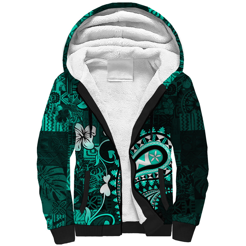 Fiji Masi Paisley Sherpa Hoodie Fijian Hibiscus Tapa Turquoise Version LT01 Unisex Turquoise - Polynesian Pride