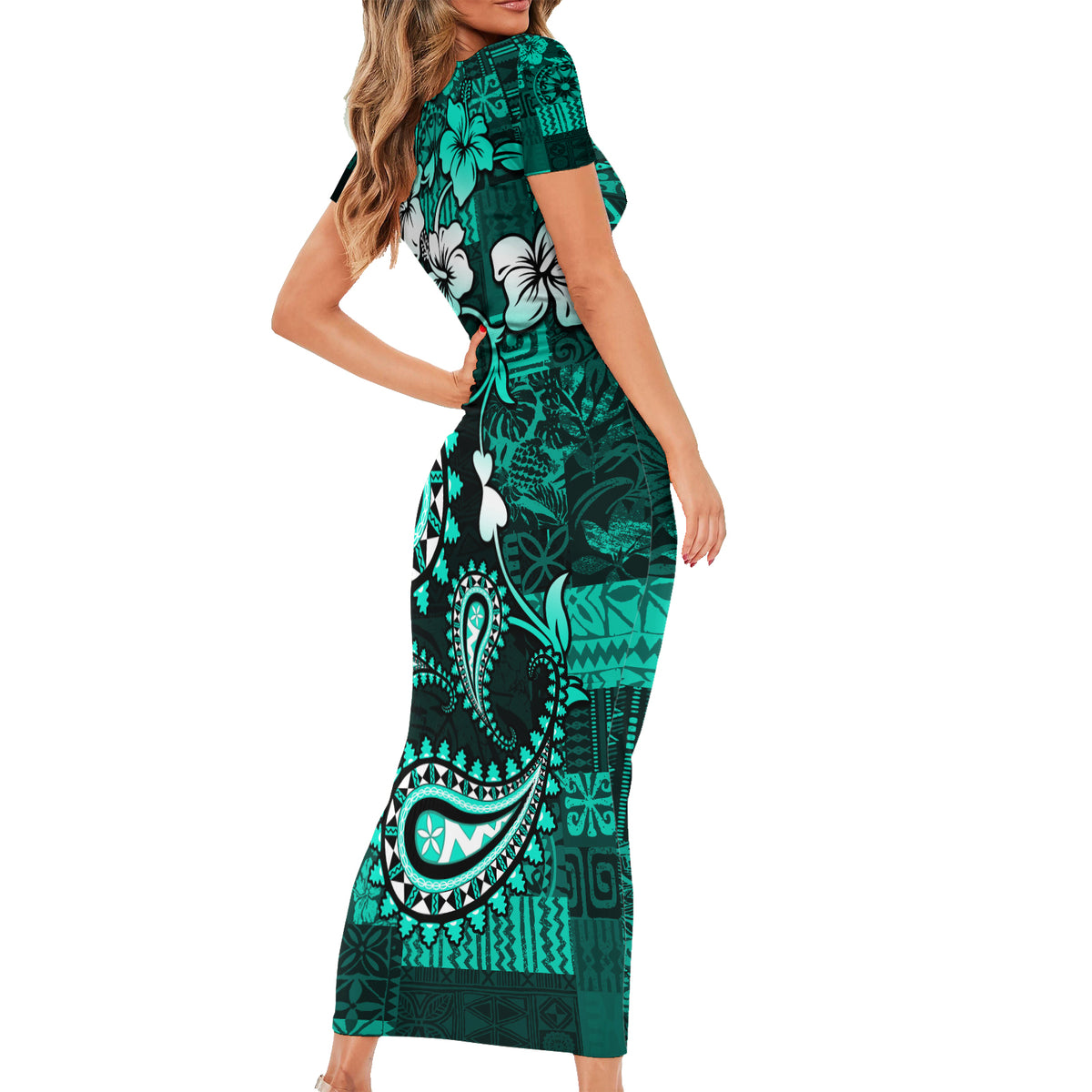 Fiji Masi Paisley Short Sleeve Bodycon Dress Fijian Hibiscus Tapa Turquoise Version LT01 - Polynesian Pride
