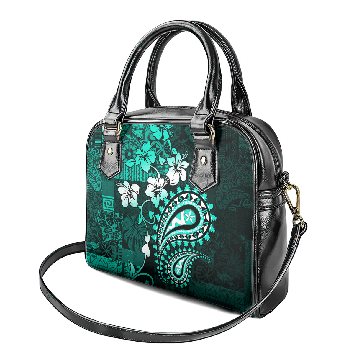 Fiji Masi Paisley Shoulder Handbag Fijian Hibiscus Tapa Turquoise Version LT01 - Polynesian Pride