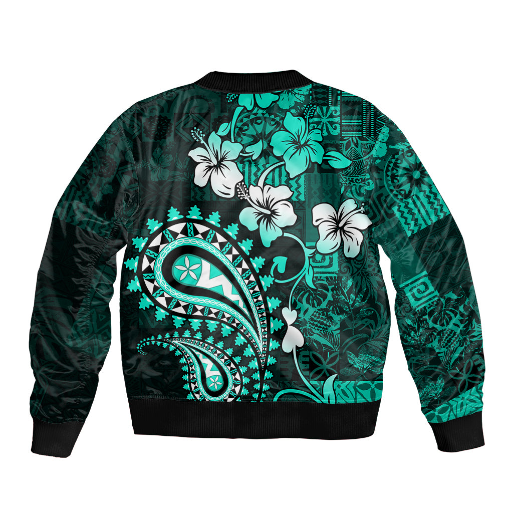Fiji Masi Paisley Sleeve Zip Bomber Jacket Fijian Hibiscus Tapa Turquoise Version LT01 - Polynesian Pride