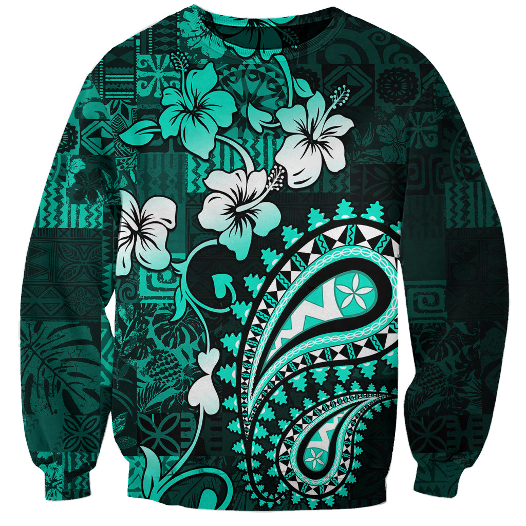 Fiji Masi Paisley Sweatshirt Fijian Hibiscus Tapa Turquoise Version LT01 Unisex Turquoise - Polynesian Pride