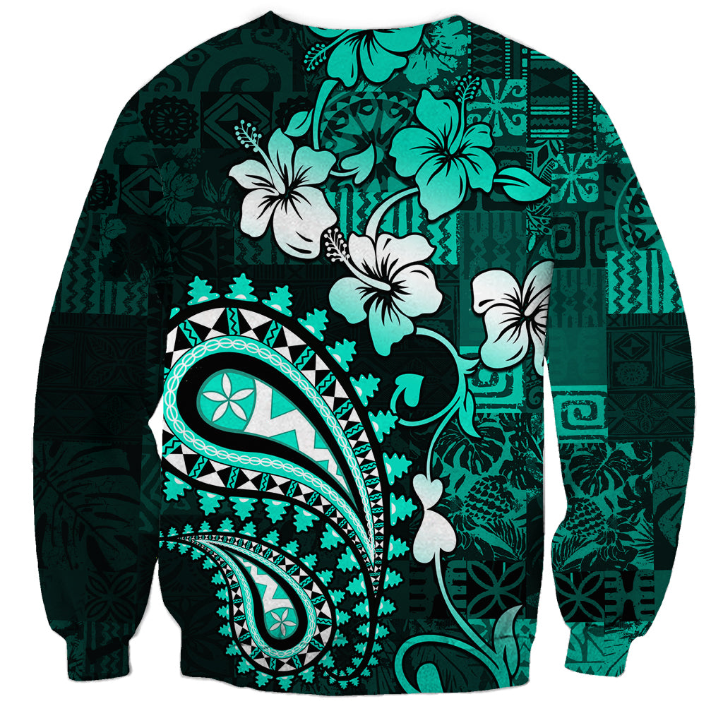 Fiji Masi Paisley Sweatshirt Fijian Hibiscus Tapa Turquoise Version LT01 - Polynesian Pride