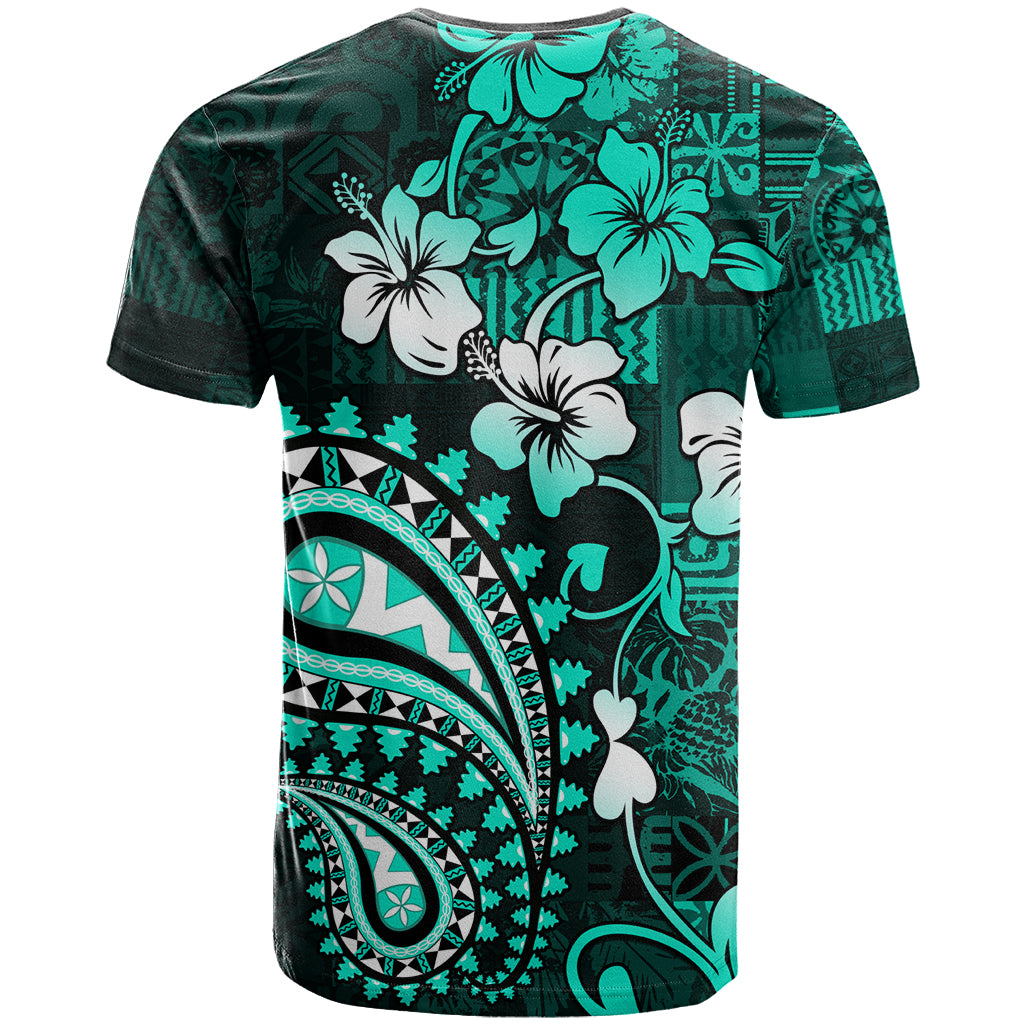 Fiji Masi Paisley T Shirt Fijian Hibiscus Tapa Turquoise Version LT01 - Polynesian Pride