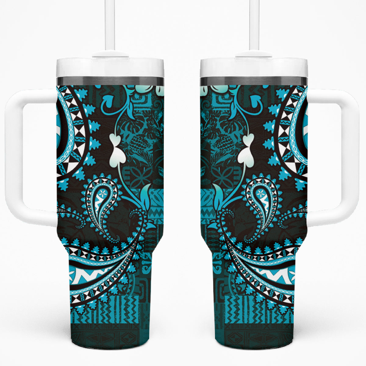 Fiji Masi Paisley Tumbler With Handle Fijian Hibiscus Tapa Turquoise Version