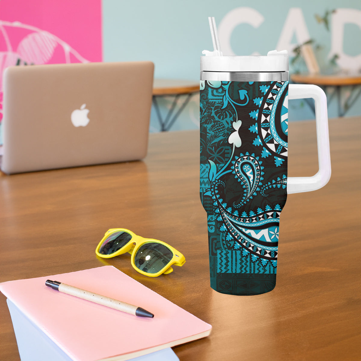 Fiji Masi Paisley Tumbler With Handle Fijian Hibiscus Tapa Turquoise Version