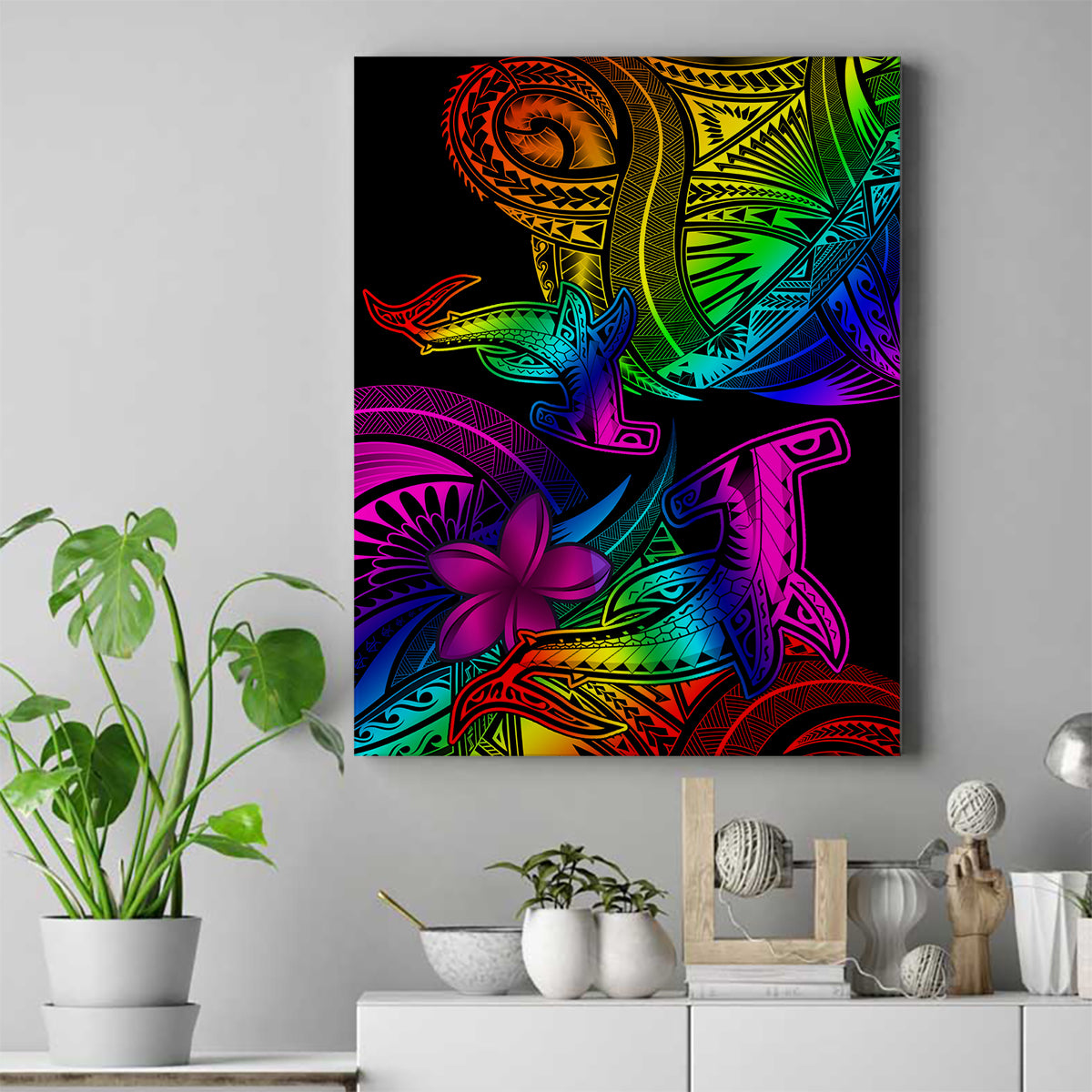 LGBT History Month Canvas Wall Art Polynesian Hammerhead Shark LT01 Rainbow - Polynesian Pride