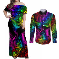 LGBT History Month Couples Matching Off Shoulder Maxi Dress and Long Sleeve Button Shirt Polynesian Hammerhead Shark LT01 Rainbow - Polynesian Pride