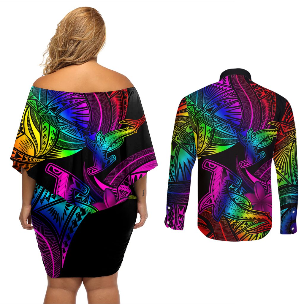 LGBT History Month Couples Matching Off Shoulder Short Dress and Long Sleeve Button Shirt Polynesian Hammerhead Shark LT01 - Polynesian Pride