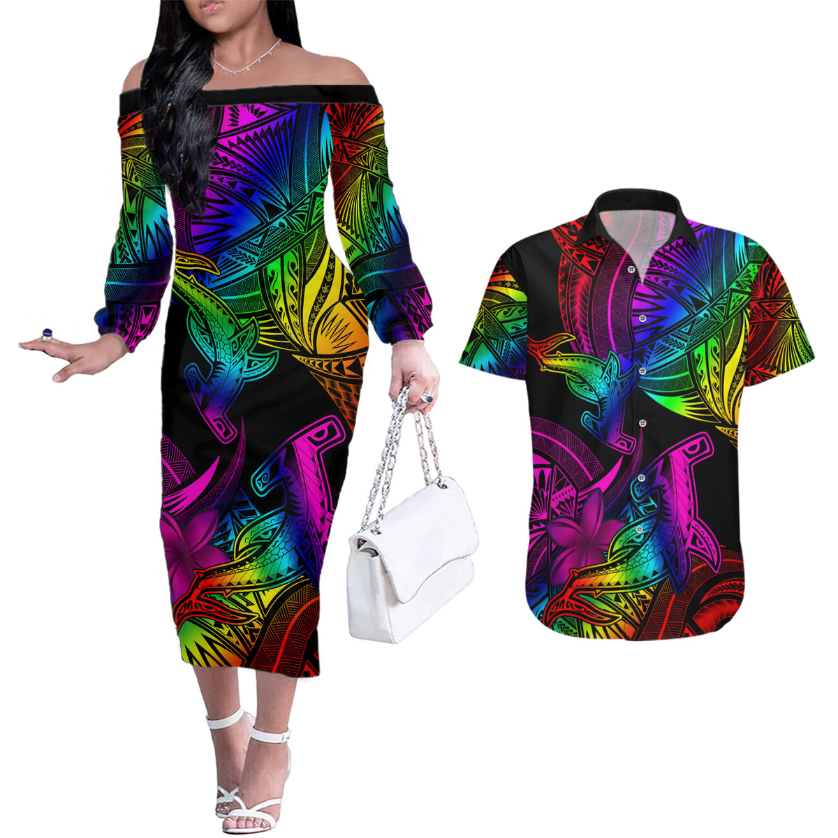 LGBT History Month Couples Matching Off The Shoulder Long Sleeve Dress and Hawaiian Shirt Polynesian Hammerhead Shark LT01 Rainbow - Polynesian Pride