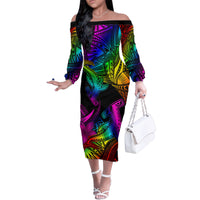 LGBT History Month Family Matching Off Shoulder Long Sleeve Dress and Hawaiian Shirt Polynesian Hammerhead Shark LT01 Mom's Dress Rainbow - Polynesian Pride