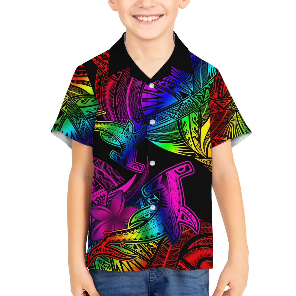 LGBT History Month Family Matching Off Shoulder Long Sleeve Dress and Hawaiian Shirt Polynesian Hammerhead Shark LT01 Son's Shirt Rainbow - Polynesian Pride