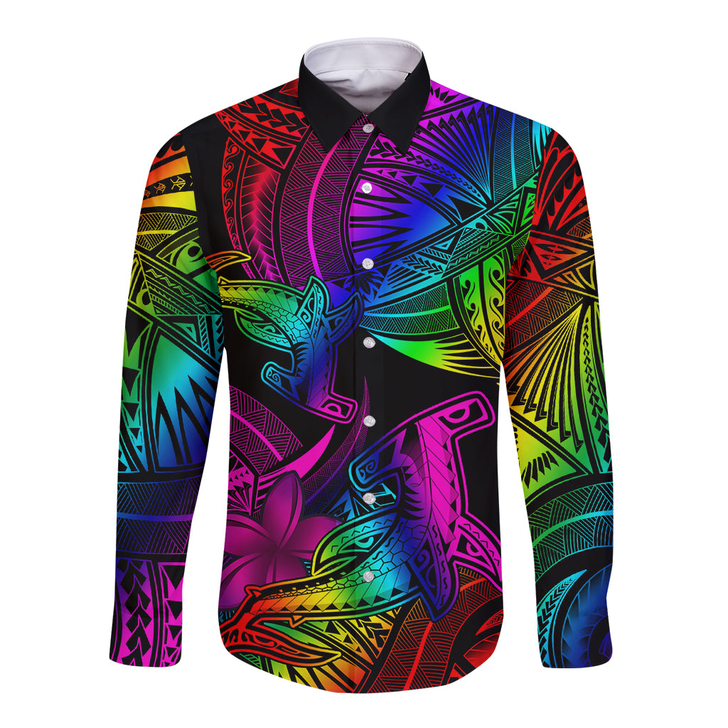 LGBT History Month Long Sleeve Button Shirt Polynesian Hammerhead Shark LT01 Unisex Rainbow - Polynesian Pride