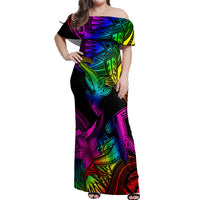 LGBT History Month Off Shoulder Maxi Dress Polynesian Hammerhead Shark LT01 Women Rainbow - Polynesian Pride