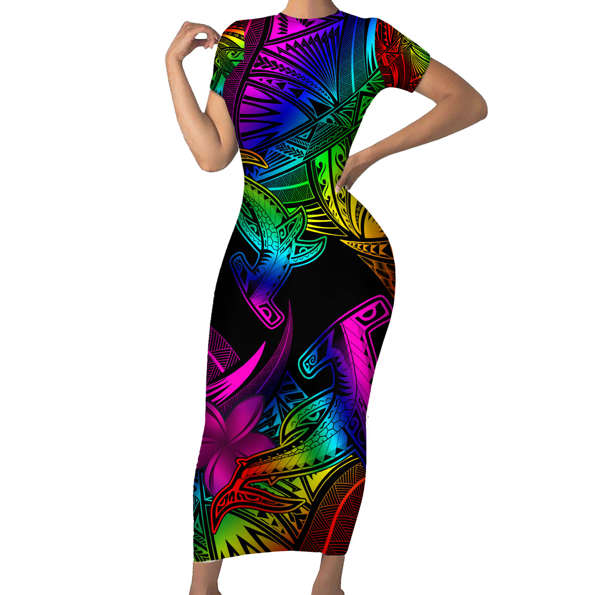 LGBT History Month Short Sleeve Bodycon Dress Polynesian Hammerhead Shark LT01 Long Dress Rainbow - Polynesian Pride