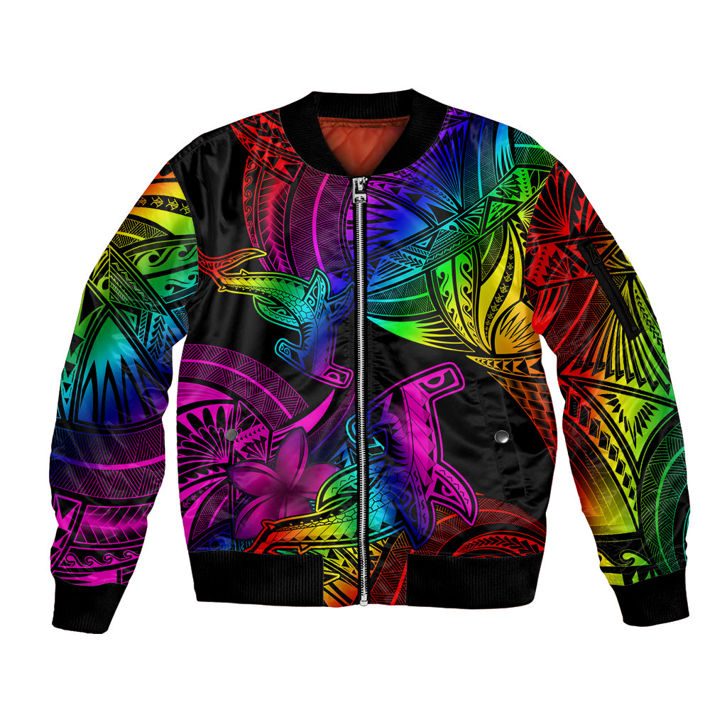 LGBT History Month Sleeve Zip Bomber Jacket Polynesian Hammerhead Shark LT01 Unisex Rainbow - Polynesian Pride