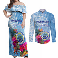Micronesia Culture Day Couples Matching Off Shoulder Maxi Dress and Long Sleeve Button Shirt Tribal Pattern Tropical Style LT01 Blue - Polynesian Pride