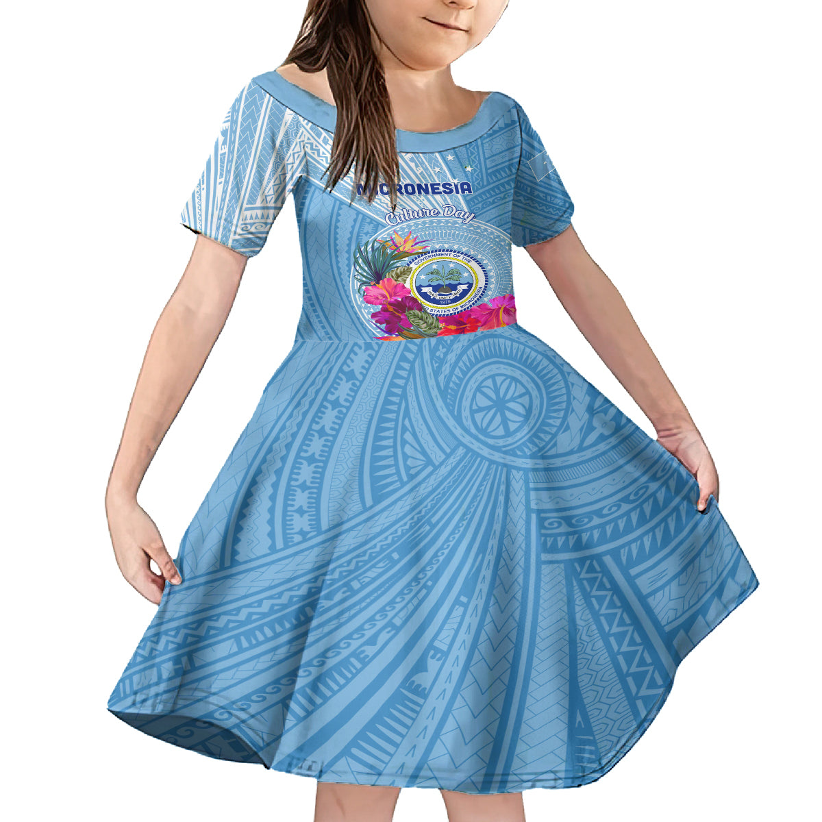 Micronesia Culture Day Family Matching Off Shoulder Long Sleeve Dress and Hawaiian Shirt Tribal Pattern Tropical Style LT01 Daughter's Dress Blue - Polynesian Pride