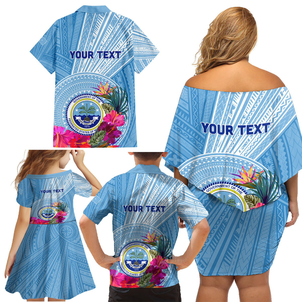 Micronesia Culture Day Family Matching Off Shoulder Short Dress and Hawaiian Shirt Tribal Pattern Tropical Style LT01 - Polynesian Pride