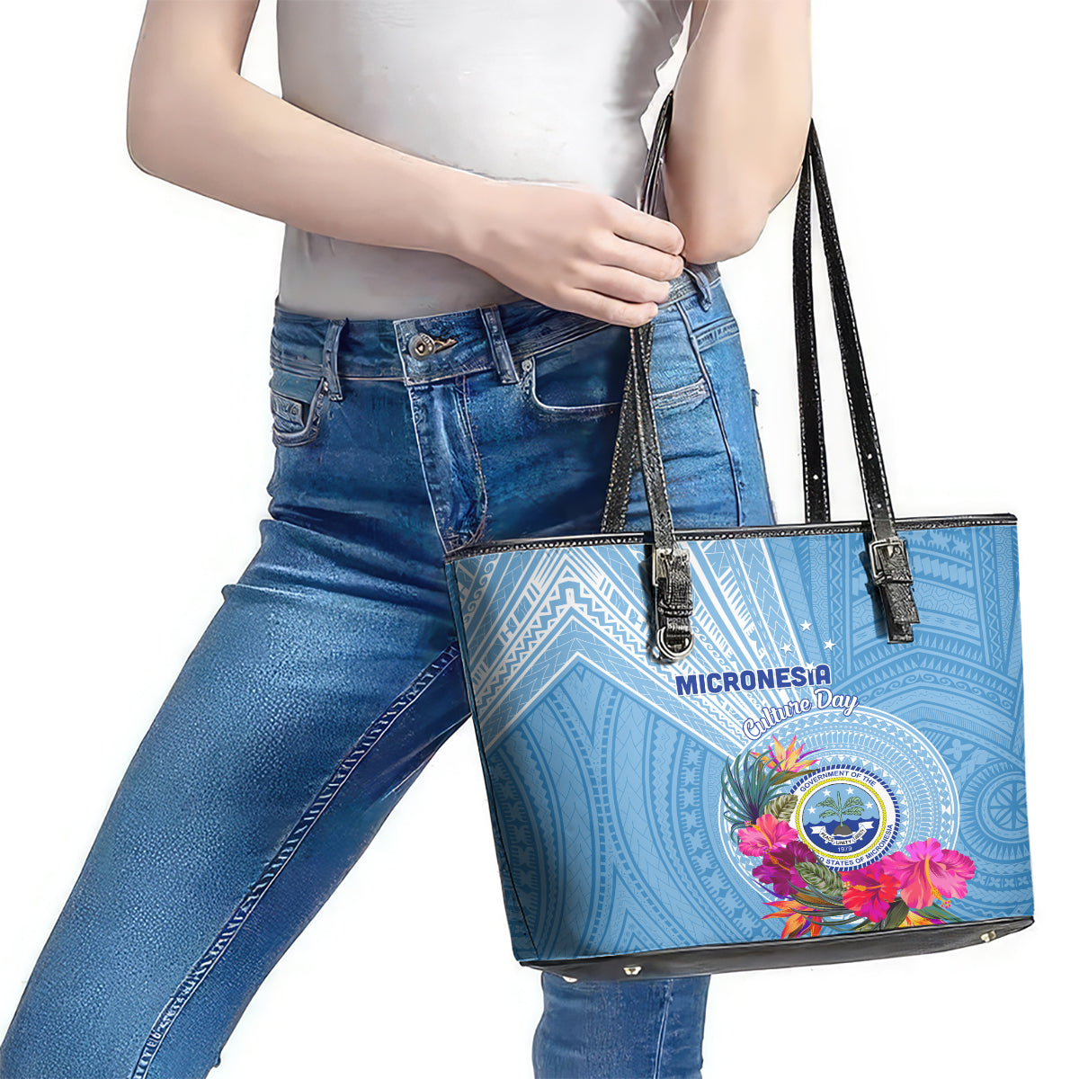 Micronesia Culture Day Leather Tote Bag Tribal Pattern Tropical Style LT01 - Polynesian Pride