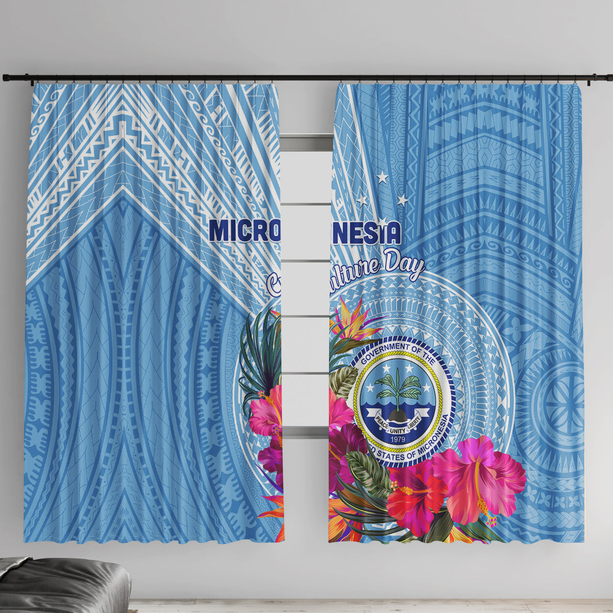 Micronesia Culture Day Window Curtain Tribal Pattern Tropical Style LT01 With Hooks Blue - Polynesian Pride
