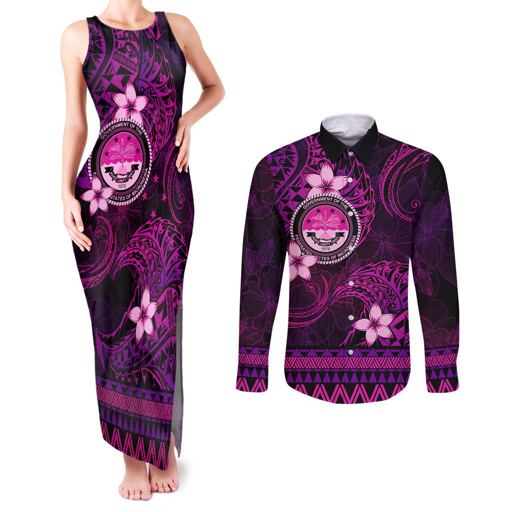FSM Culture Day Couples Matching Tank Maxi Dress and Long Sleeve Button Shirt Tribal Pattern Pink Version LT01 Pink - Polynesian Pride