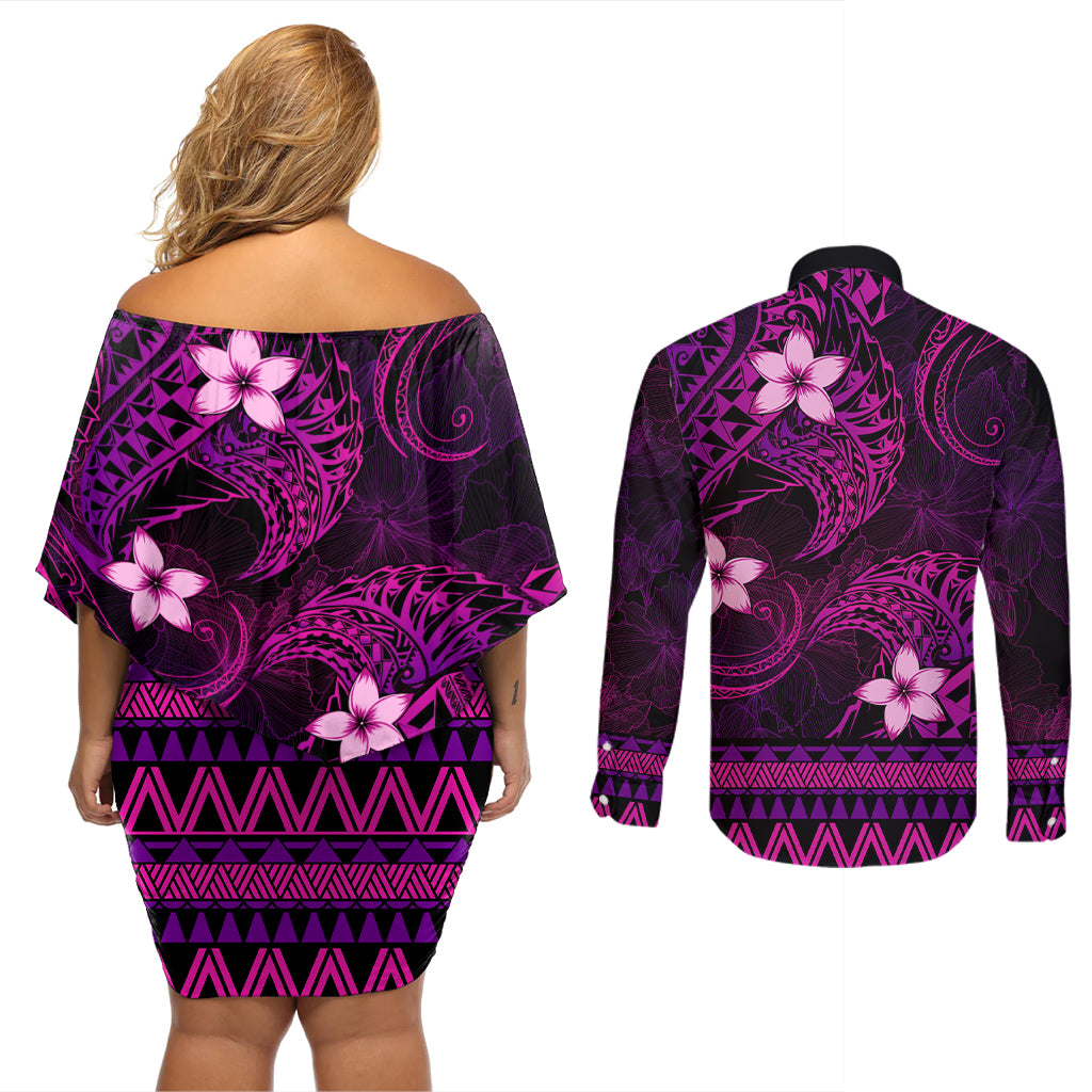 FSM Chuuk State Couples Matching Off Shoulder Short Dress and Long Sleeve Button Shirt Tribal Pattern Pink Version LT01 - Polynesian Pride