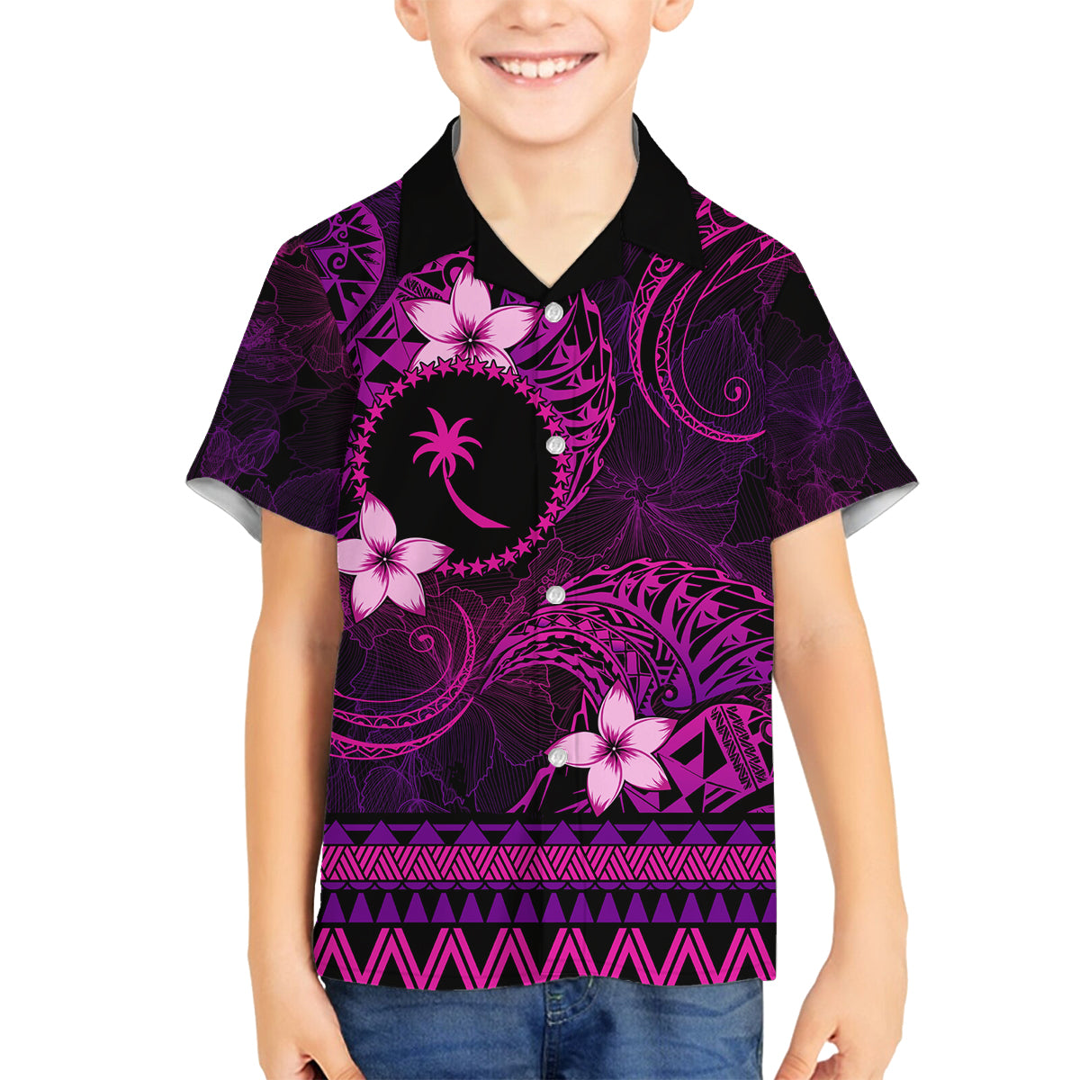 FSM Chuuk State Family Matching Off Shoulder Long Sleeve Dress and Hawaiian Shirt Tribal Pattern Pink Version LT01 Son's Shirt Pink - Polynesian Pride