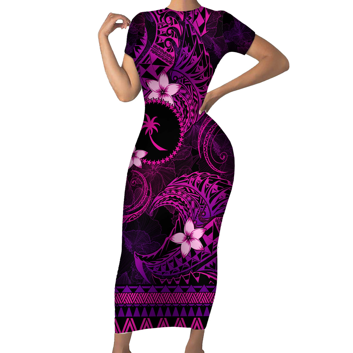 FSM Chuuk State Family Matching Short Sleeve Bodycon Dress and Hawaiian Shirt Tribal Pattern Pink Version LT01 Mom's Dress Pink - Polynesian Pride