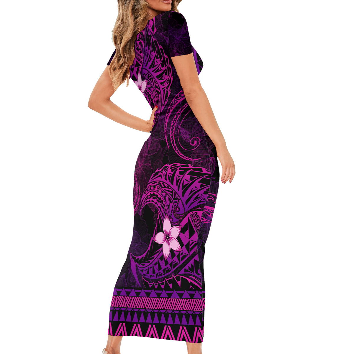 FSM Chuuk State Family Matching Short Sleeve Bodycon Dress and Hawaiian Shirt Tribal Pattern Pink Version LT01 - Polynesian Pride