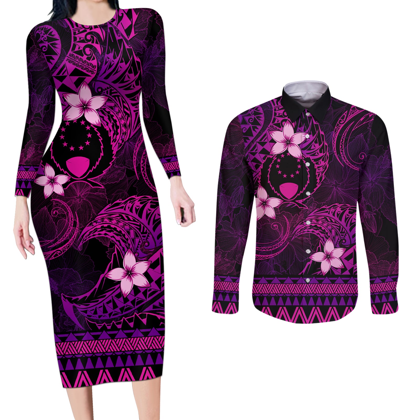 FSM Pohnpei State Couples Matching Long Sleeve Bodycon Dress and Long Sleeve Button Shirt Tribal Pattern Pink Version LT01 Pink - Polynesian Pride