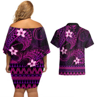 FSM Pohnpei State Couples Matching Off Shoulder Short Dress and Hawaiian Shirt Tribal Pattern Pink Version LT01 - Polynesian Pride