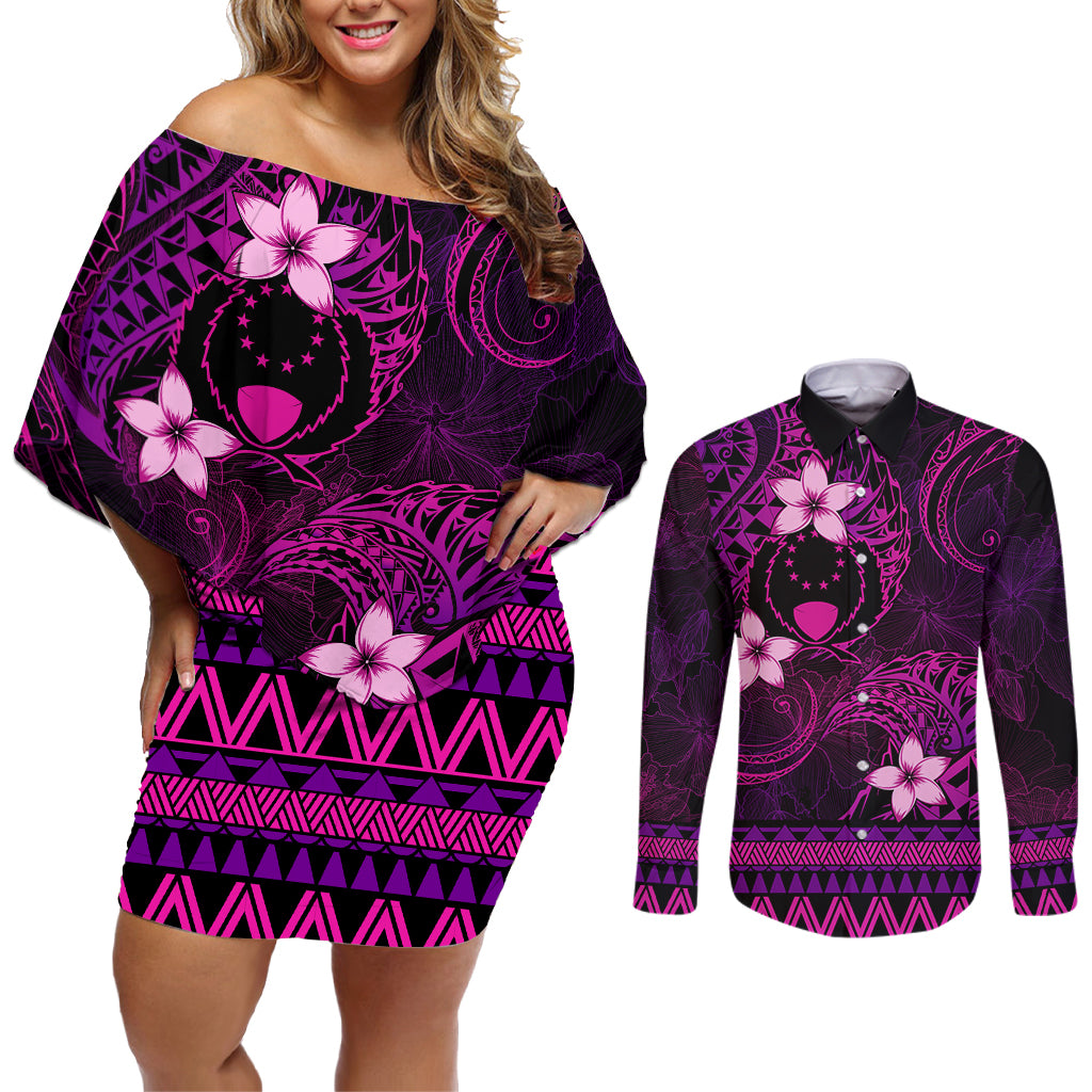 FSM Pohnpei State Couples Matching Off Shoulder Short Dress and Long Sleeve Button Shirt Tribal Pattern Pink Version LT01 Pink - Polynesian Pride