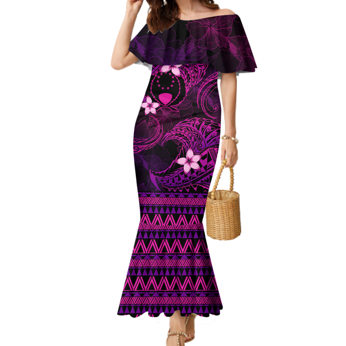 FSM Pohnpei State Family Matching Mermaid Dress and Hawaiian Shirt Tribal Pattern Pink Version LT01 Mom's Dress Pink - Polynesian Pride