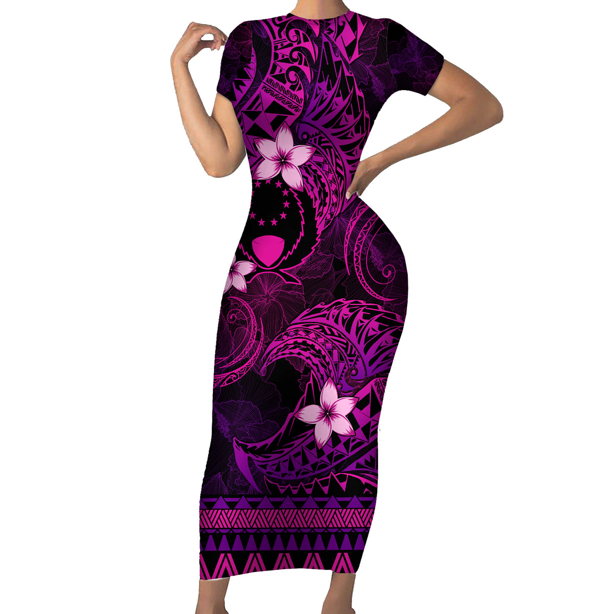 FSM Pohnpei State Short Sleeve Bodycon Dress Tribal Pattern Pink Version LT01 Long Dress Pink - Polynesian Pride