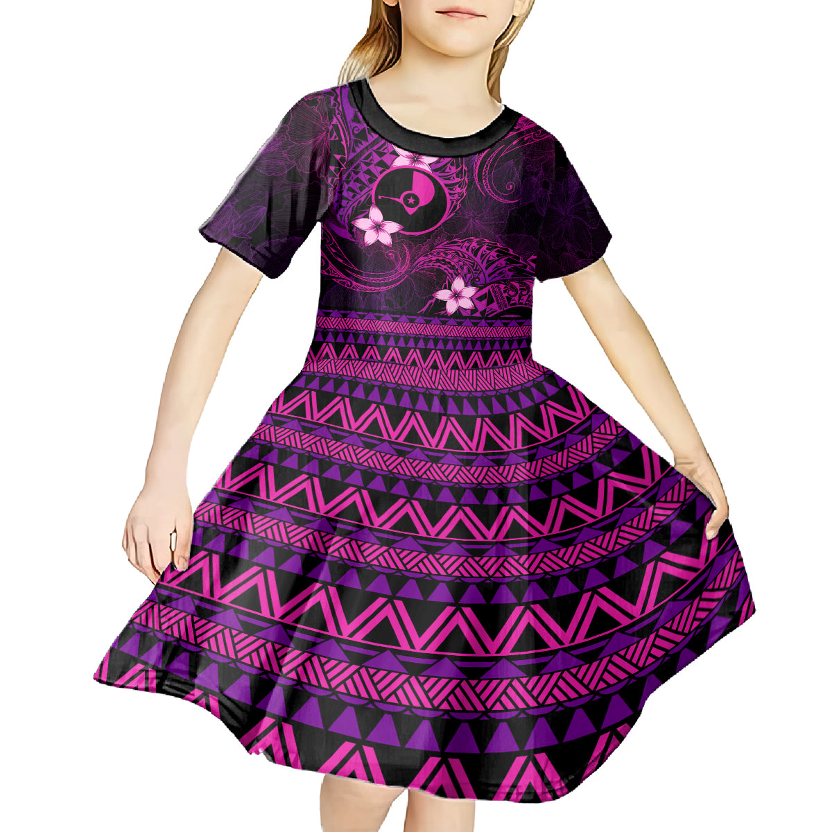 FSM Yap State Kid Short Sleeve Dress Tribal Pattern Pink Version LT01 - Polynesian Pride