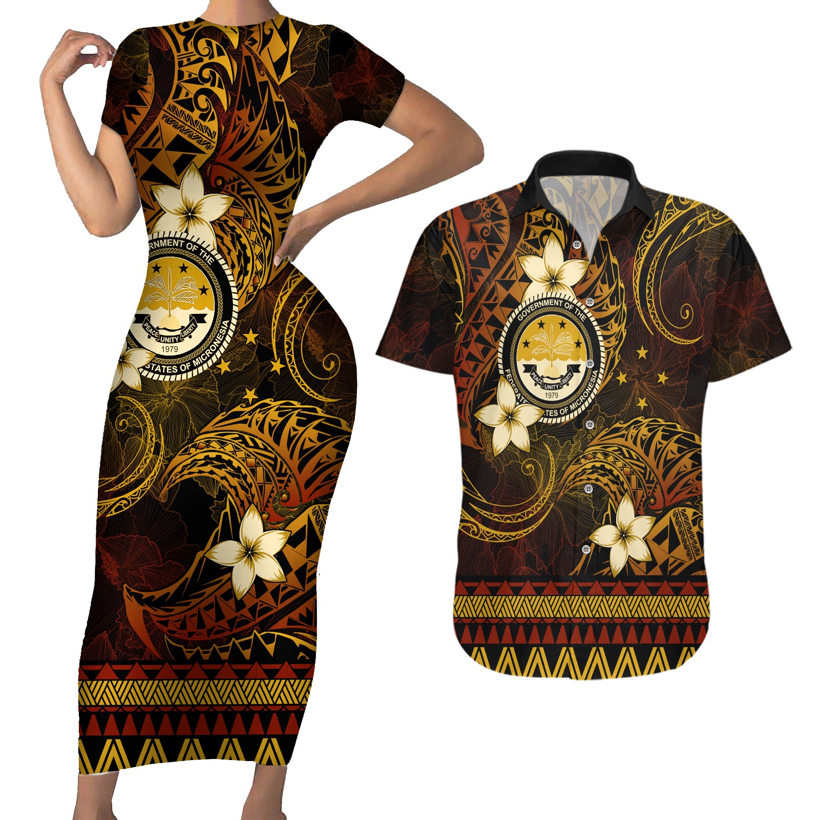 FSM Culture Day Couples Matching Short Sleeve Bodycon Dress and Hawaiian Shirt Tribal Pattern Gold Version LT01 Gold - Polynesian Pride